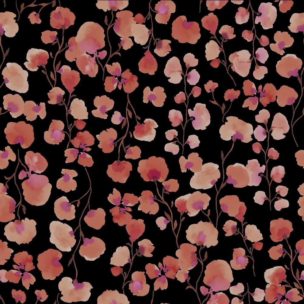Zwarte french terry met rode bloemen, gebrushte achterkant - Poppy