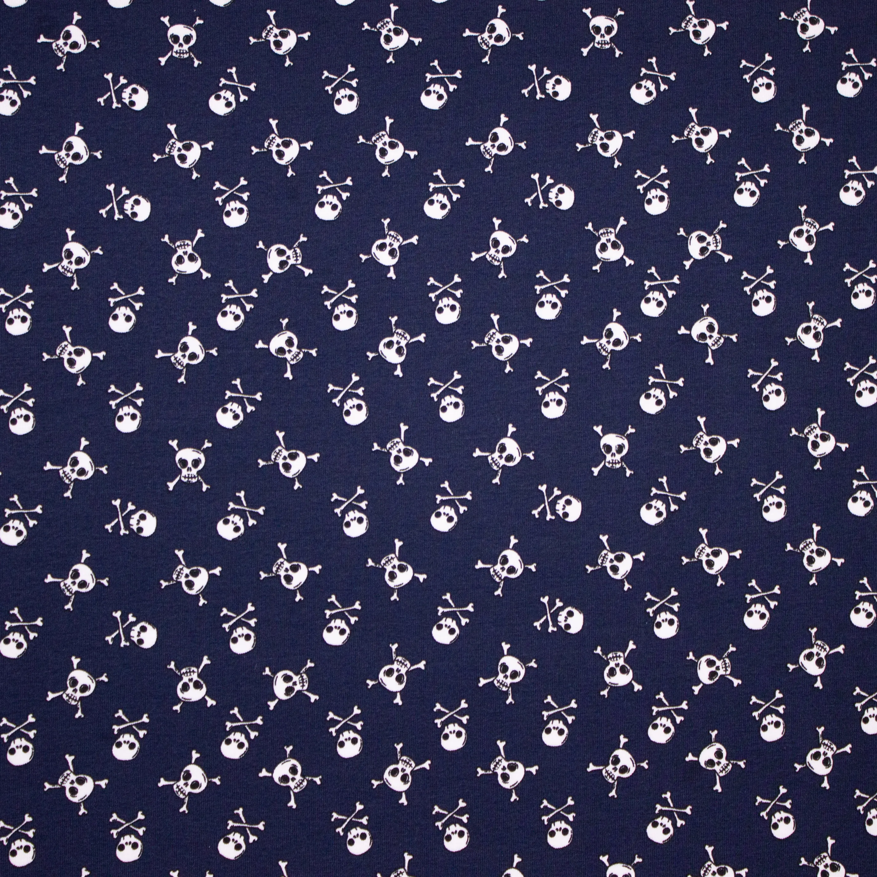Donkerblauwe katoen tricot met doodshoofden
