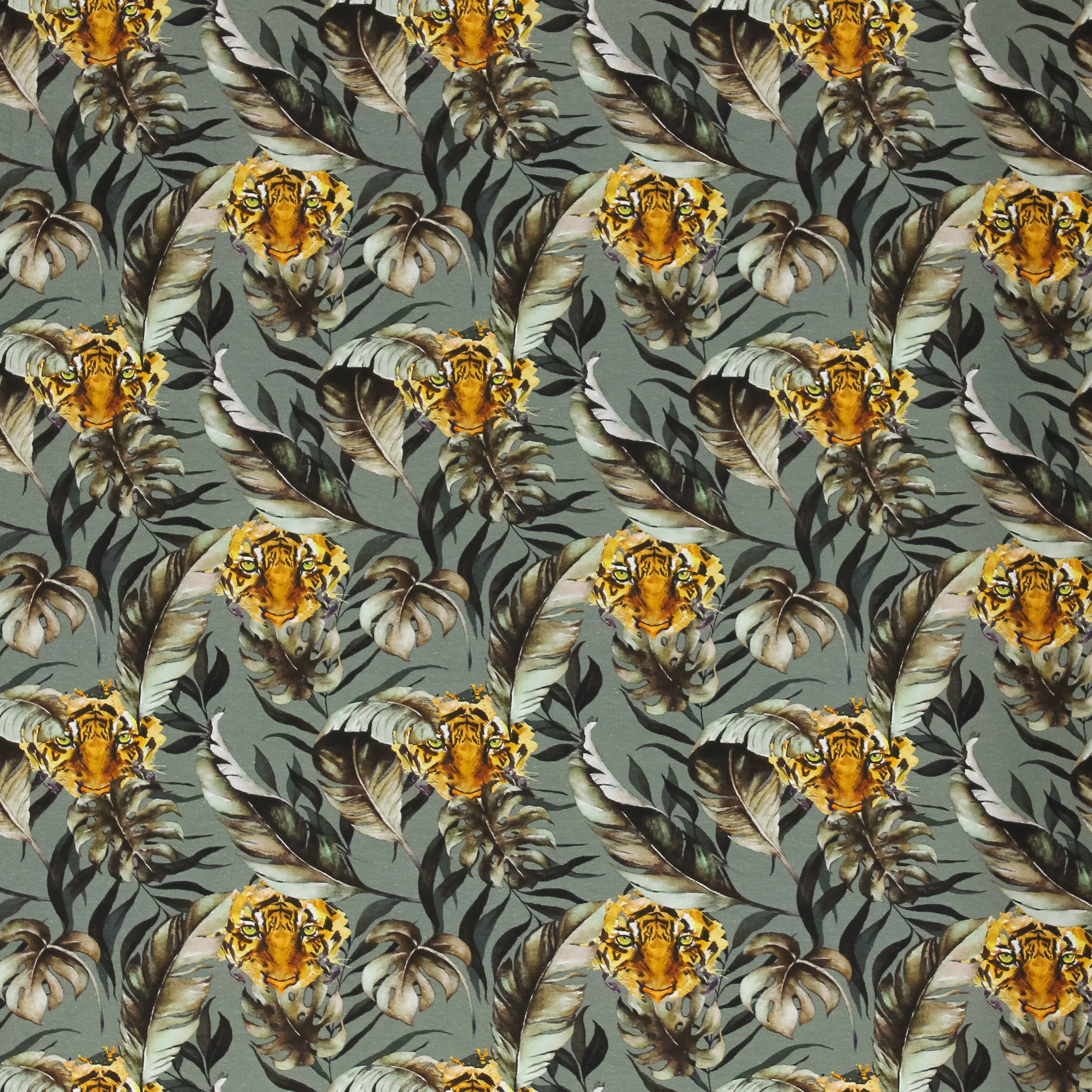 Tricot grijs met tijgerhoofden en planten