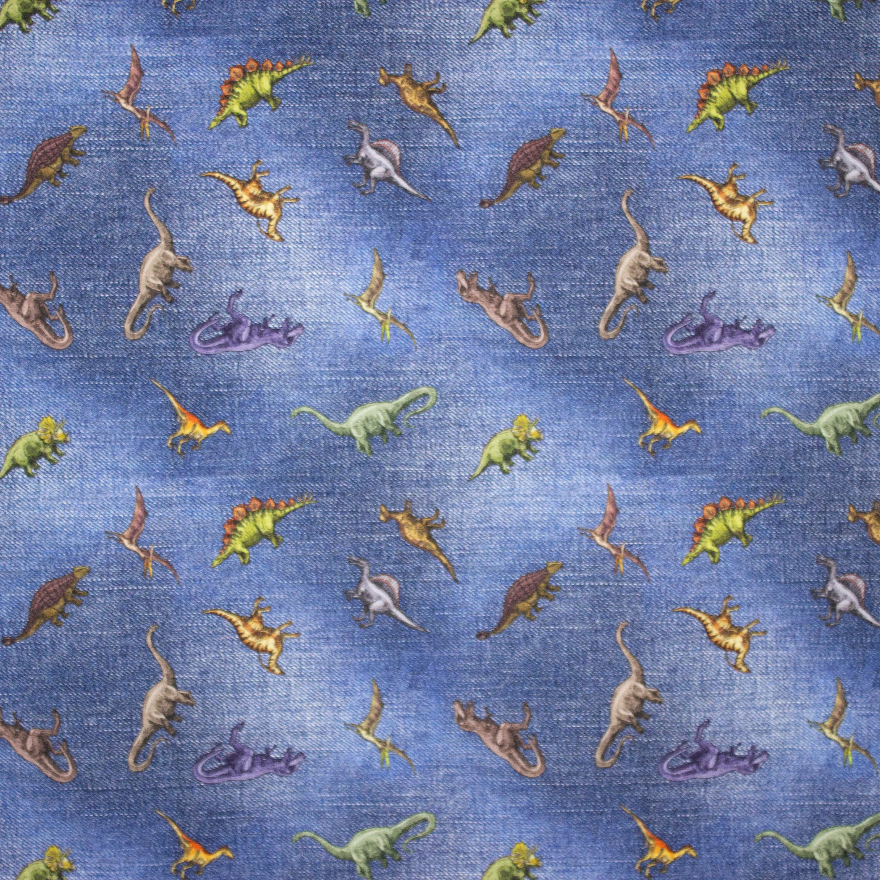Tricot jeansblauw met dinosaurussen