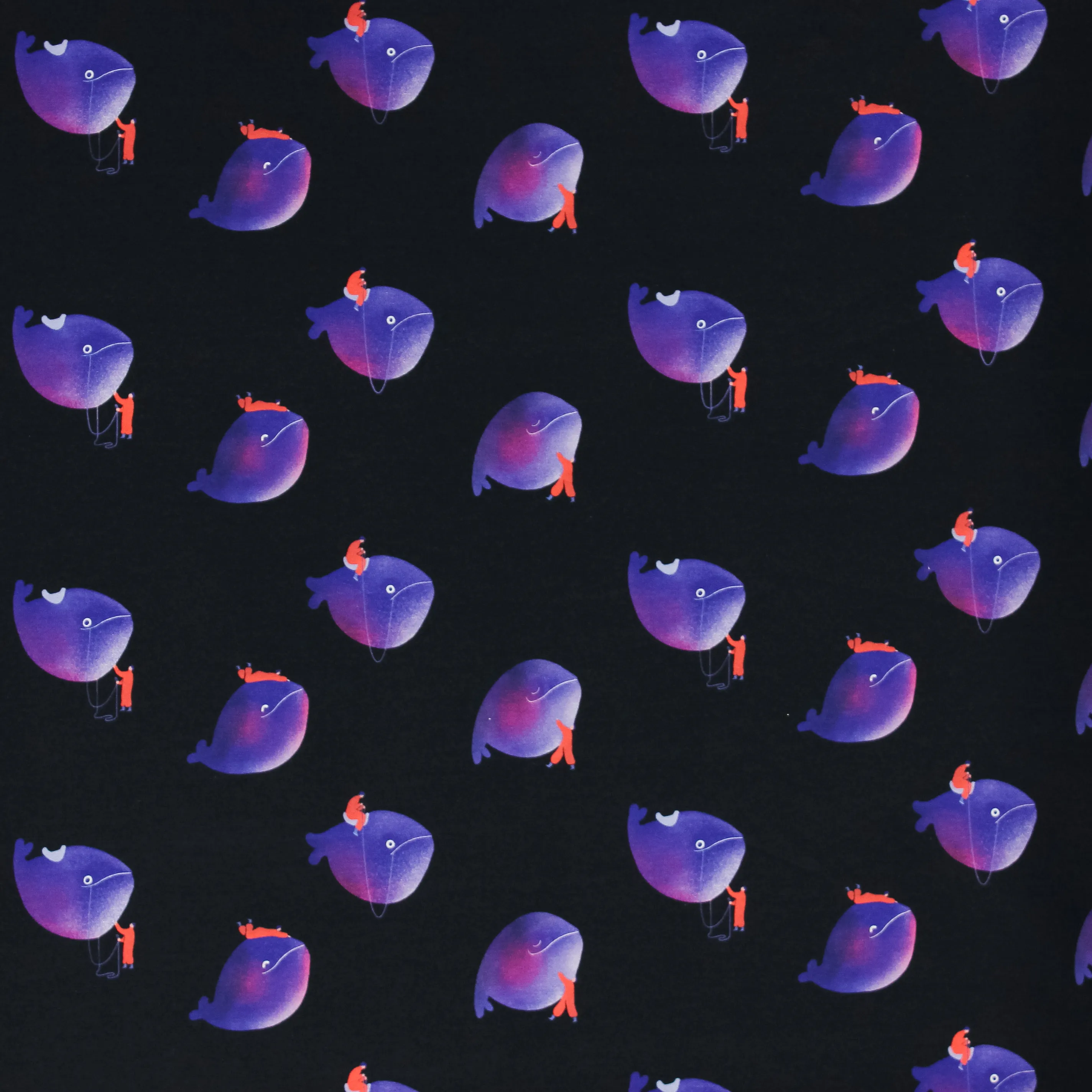 French terry zwart met paarse walvissen 'Whale Riders' - Capsule Fabrics