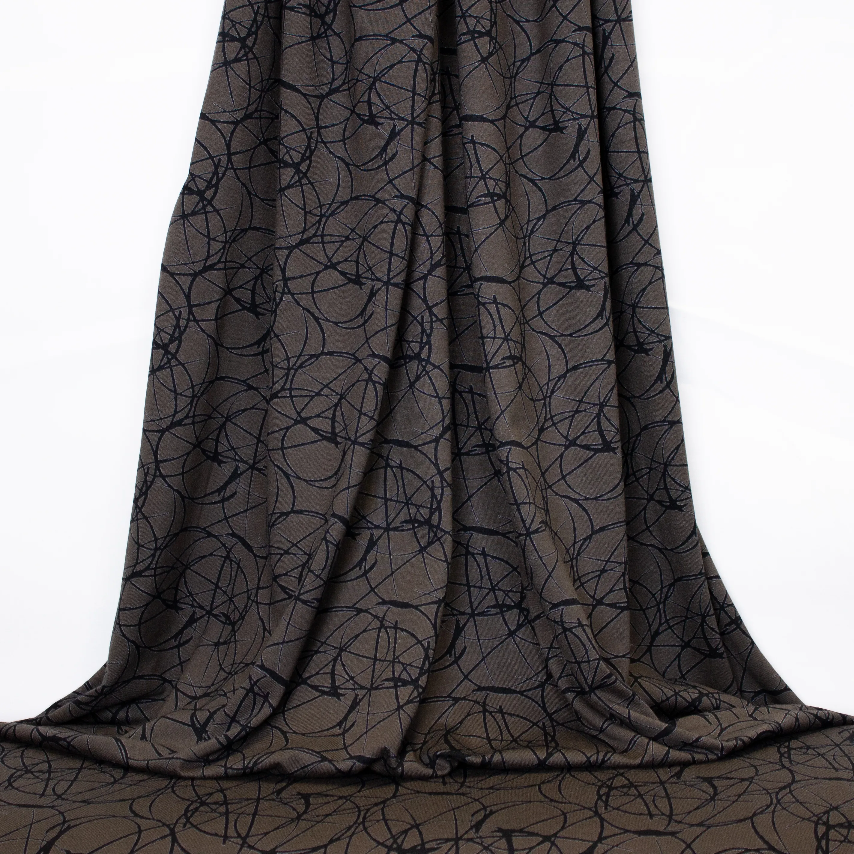 Donkere viscose tricot met abstract zwart motief