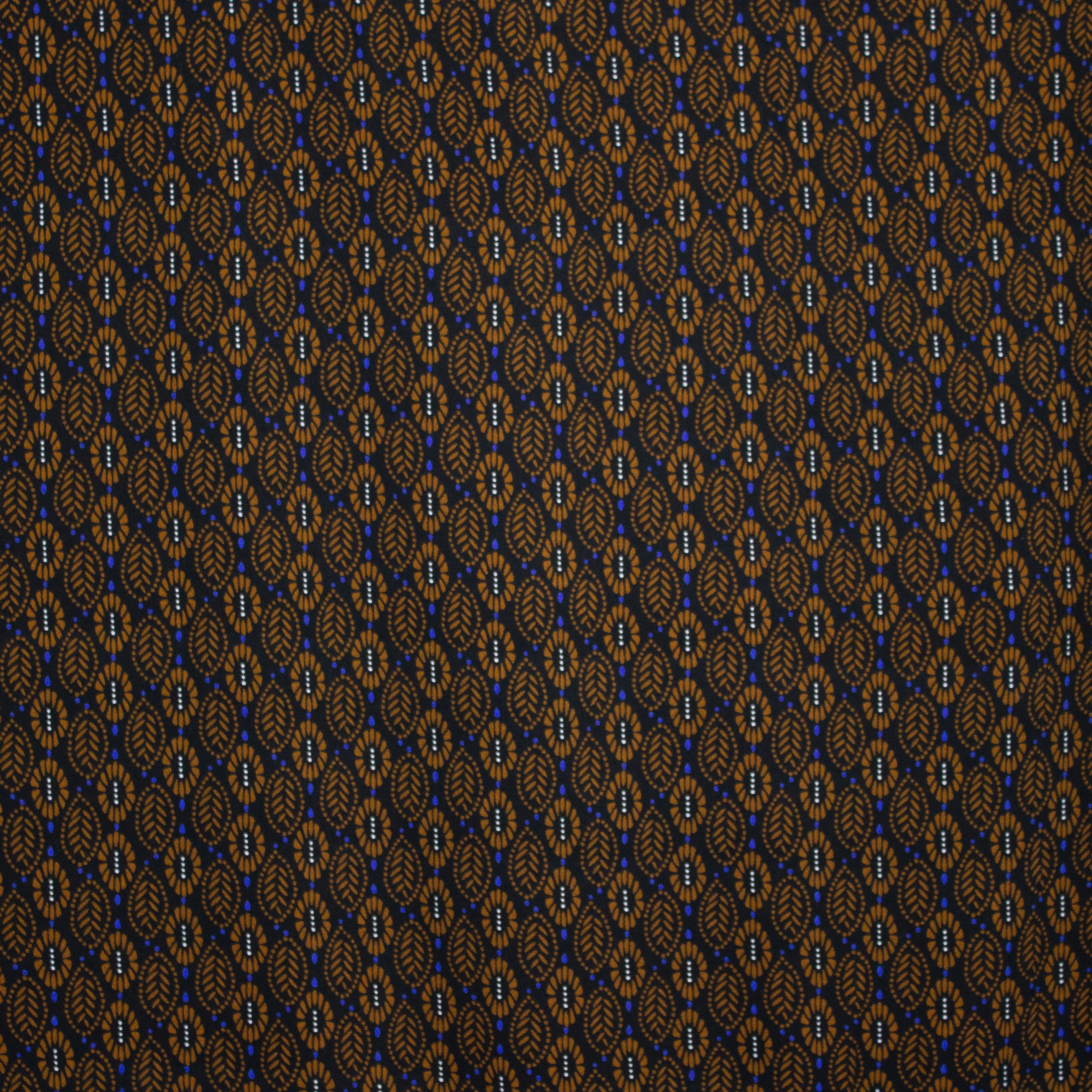 Zwarte viscose met blauw en bruin motiefje