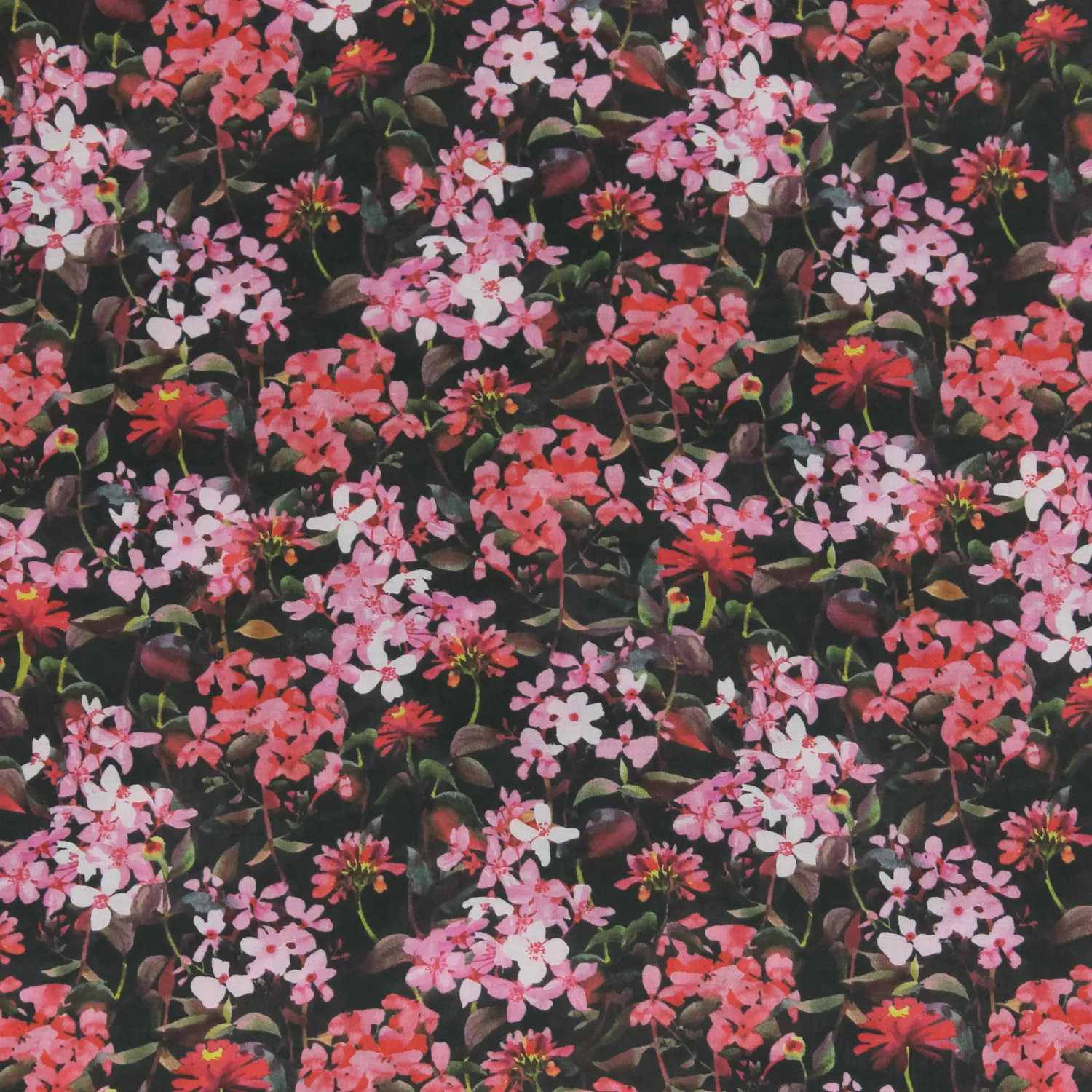 Viscose zwart met roze bloemen
