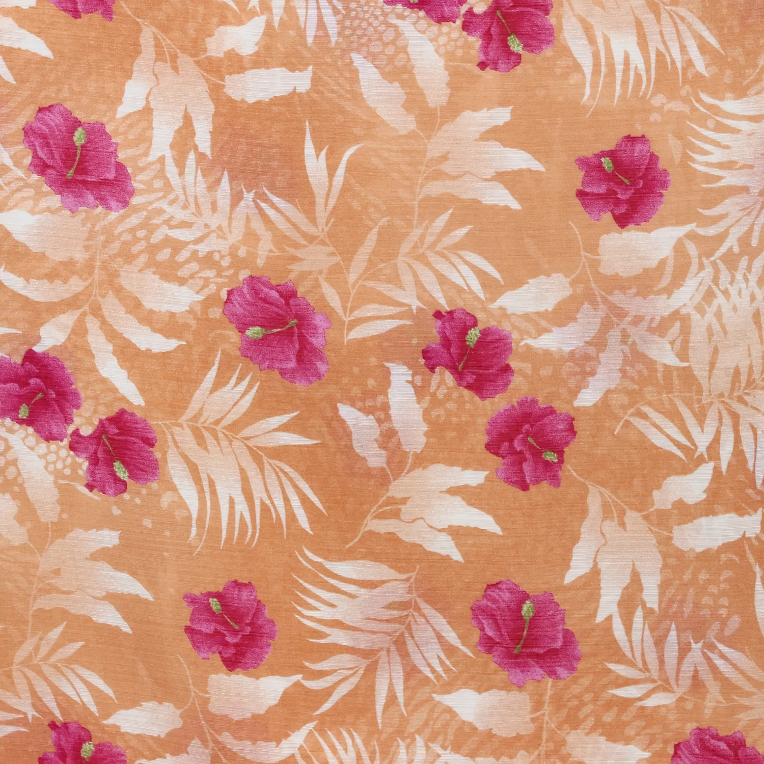 Viscose voile linnenlook abrikoos met fuchsia bloemen