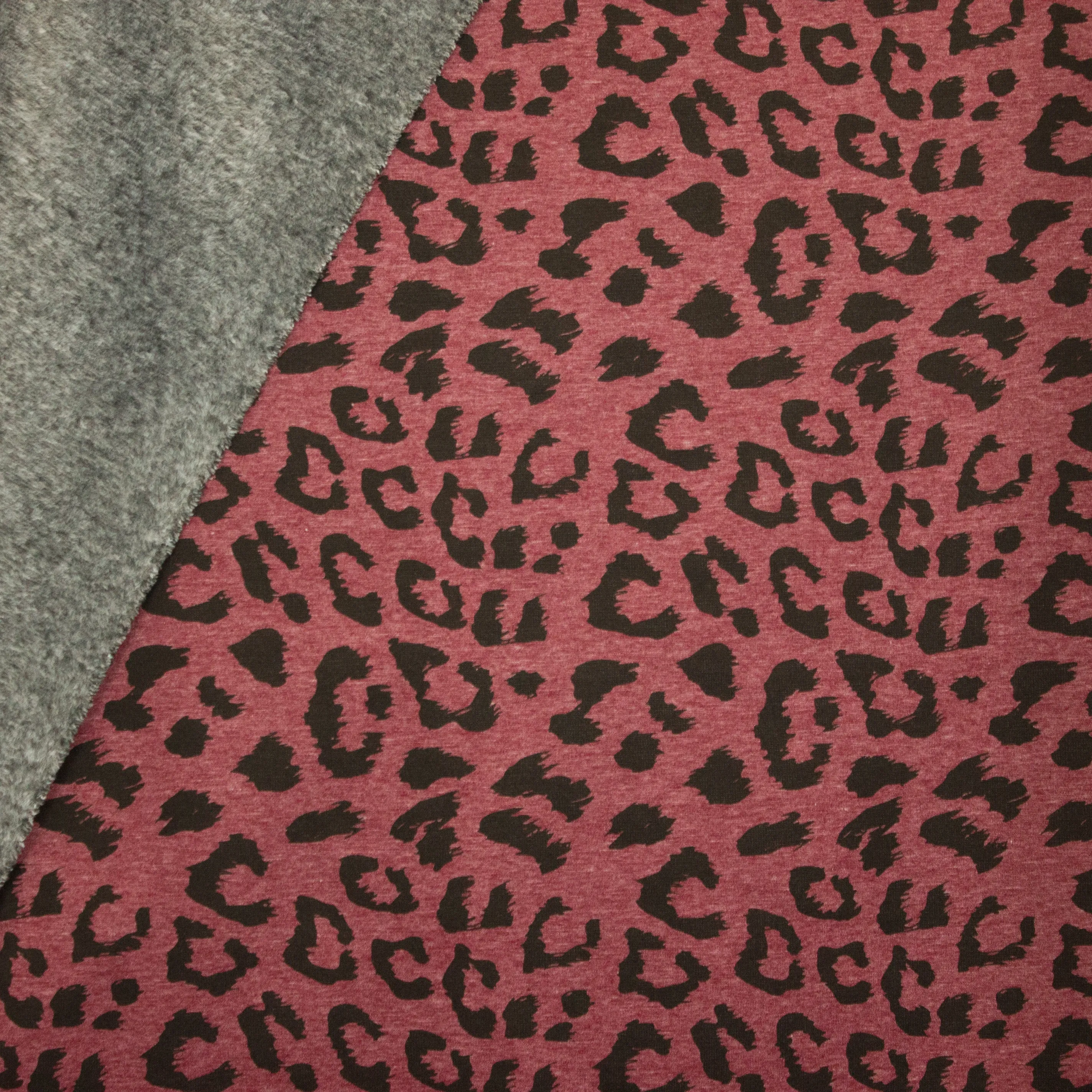 Sweaterstof bordeaux gemêleerde met luipaardvlekken, achterkant grijs pelsje