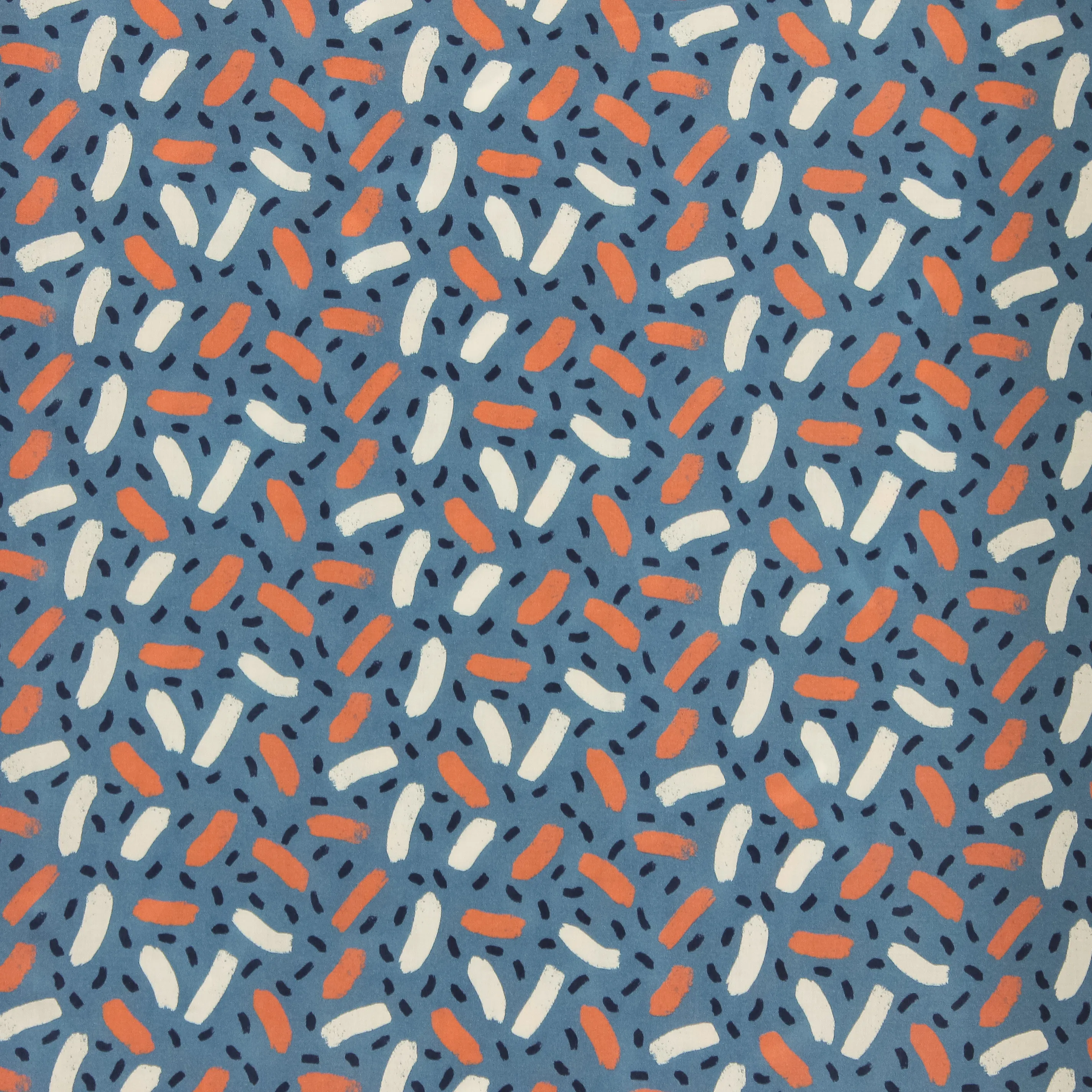 Blauwe viscose met oranje en witte motiefjes