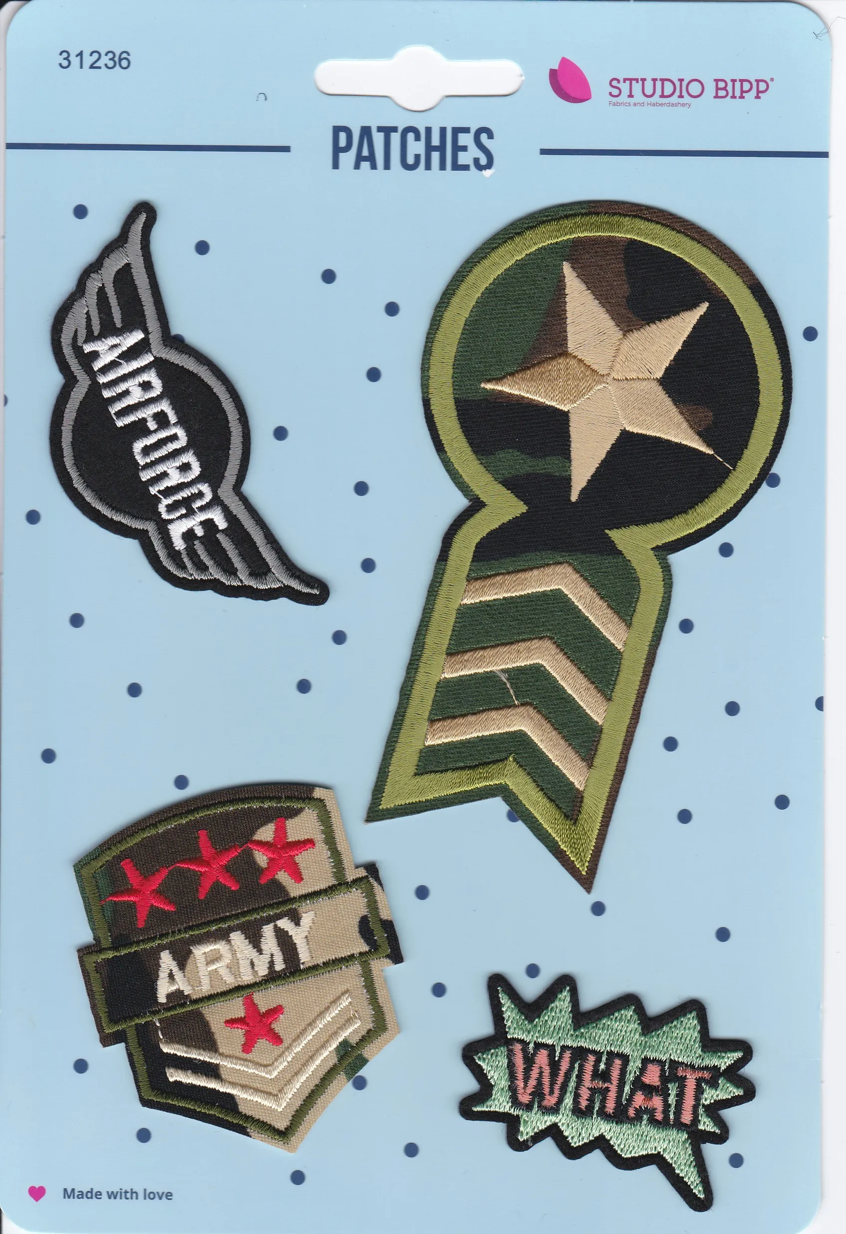 4 Opstrijkbare stoffen applicaties - airforce / army / what