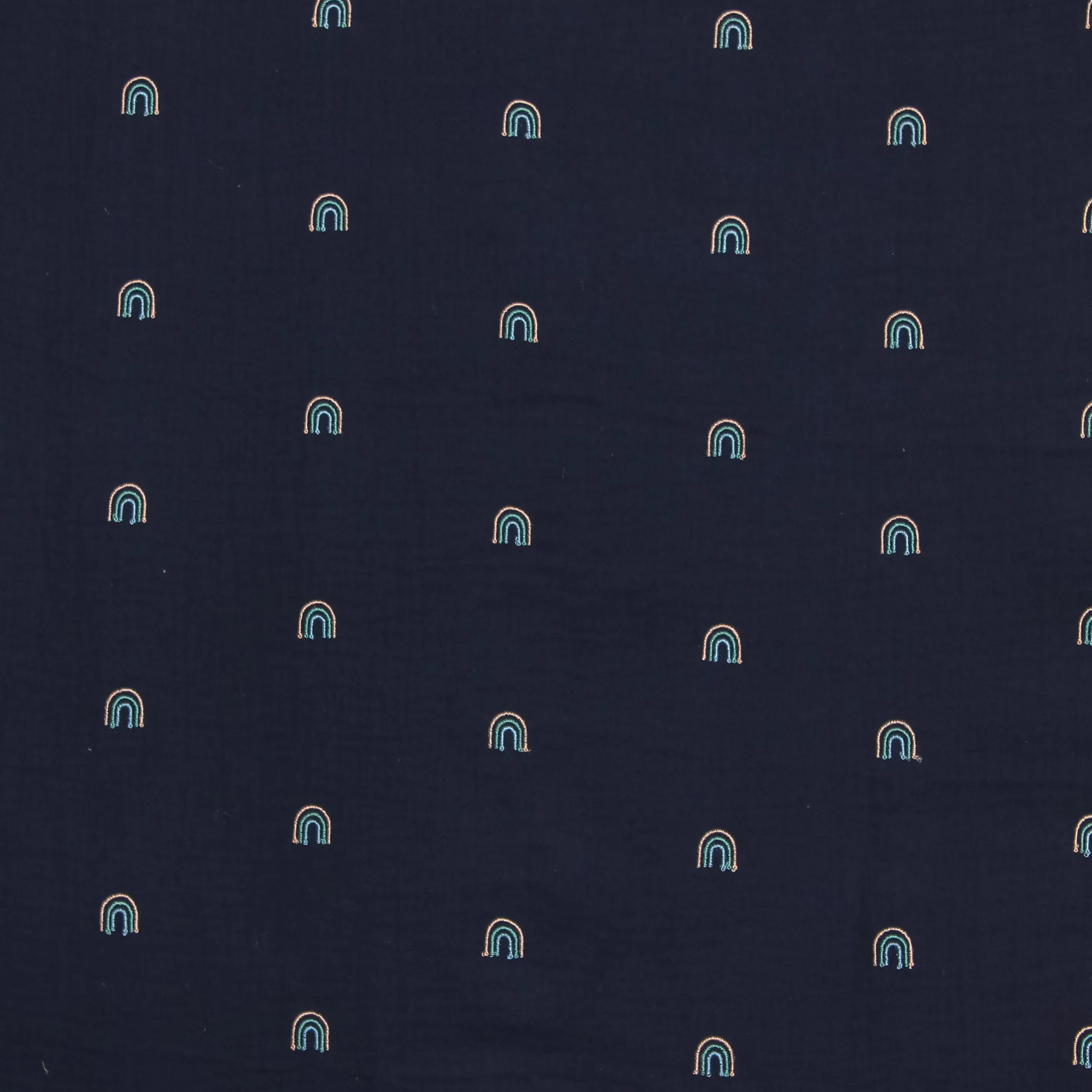 Double gauze donkerblauw met geborduurde regenbogen