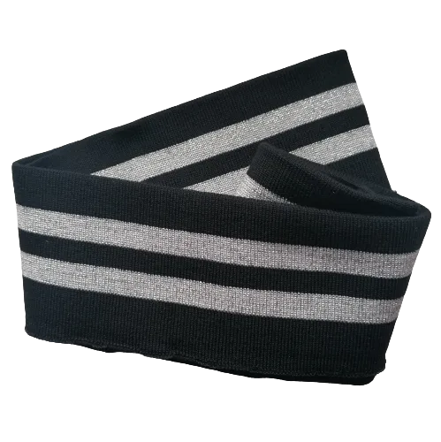 Zwarte cuff (boordstof) met zilveren glitter strepen - 1,2 m