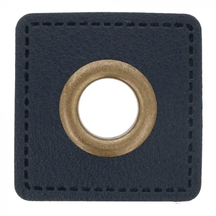 Nestelogen (brons 8 mm) op blauw imitatieleder vierkant (28 mm)