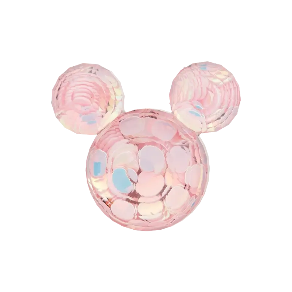 Knoop muis - 20 mm transparant roze met zilveren glitter