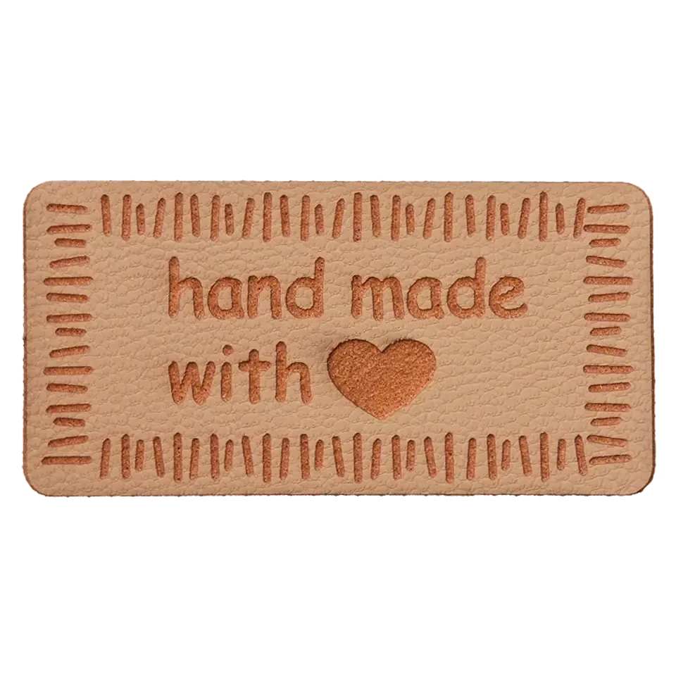 Label 'handmade with love' - beige / camel imitatieleer 40 x 20 mm