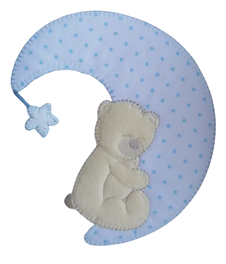 Applicatie - beige beer liggend op een blauw gestipte maan - 12 x 14 cm