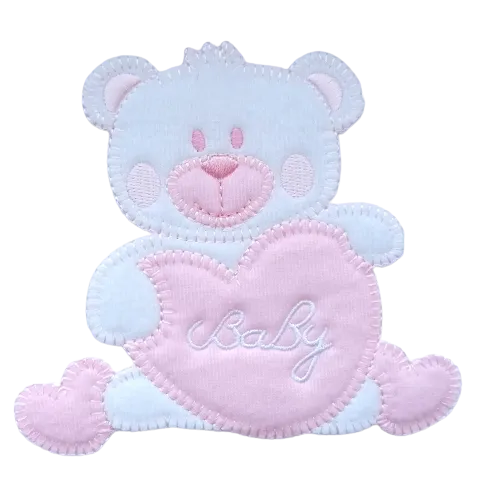 Applicatie - witte beer met roze hart met tekst 'baby' - 12 x 11 cm