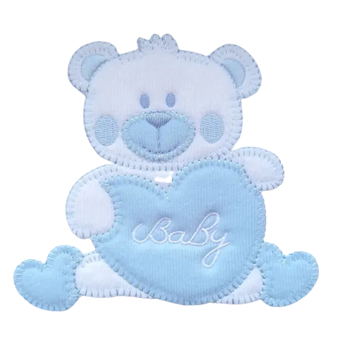 Applicatie - witte beer met blauw hart met tekst 'baby' - 12 x 11 cm