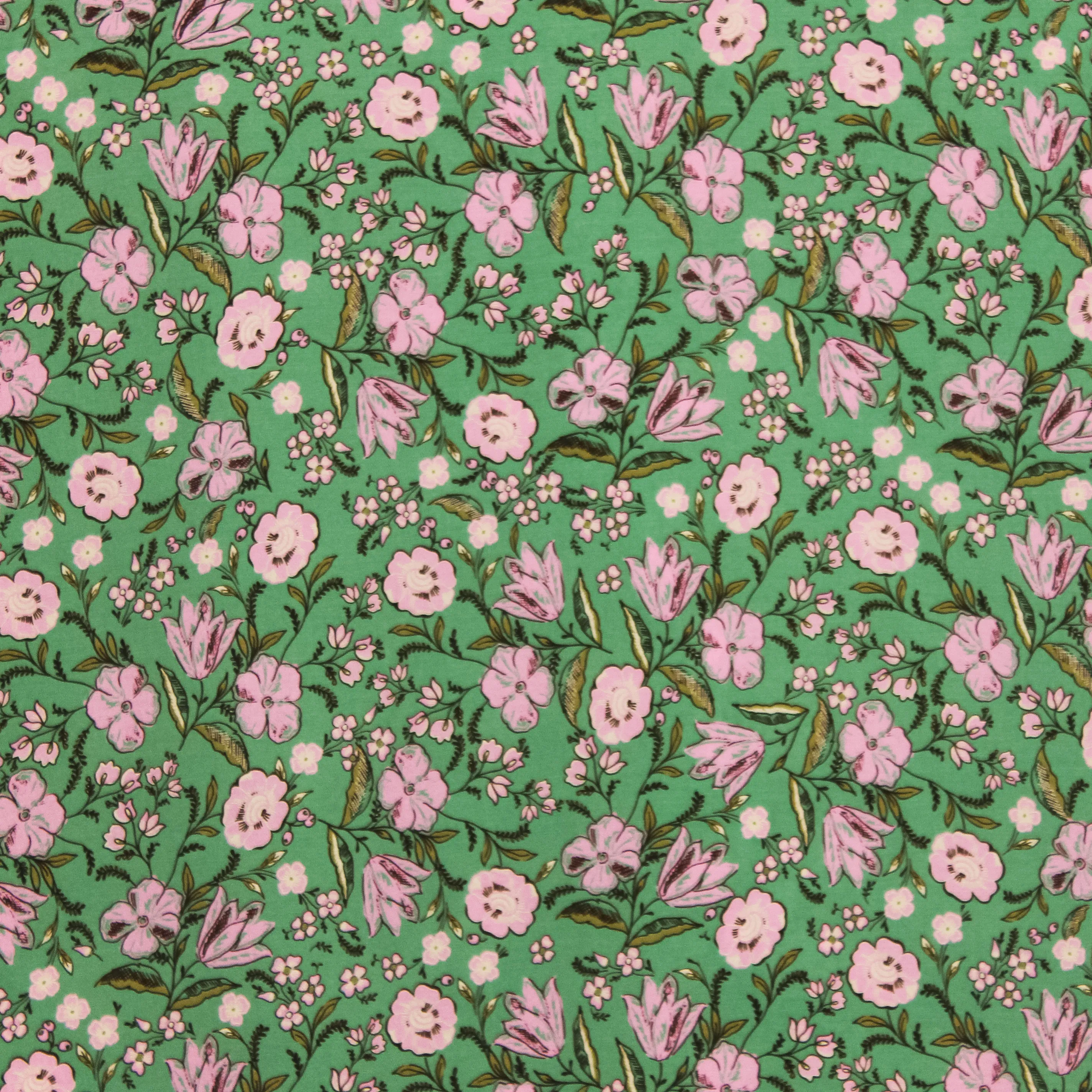 Groene viscose met roze bloemen - Atelier Jupe