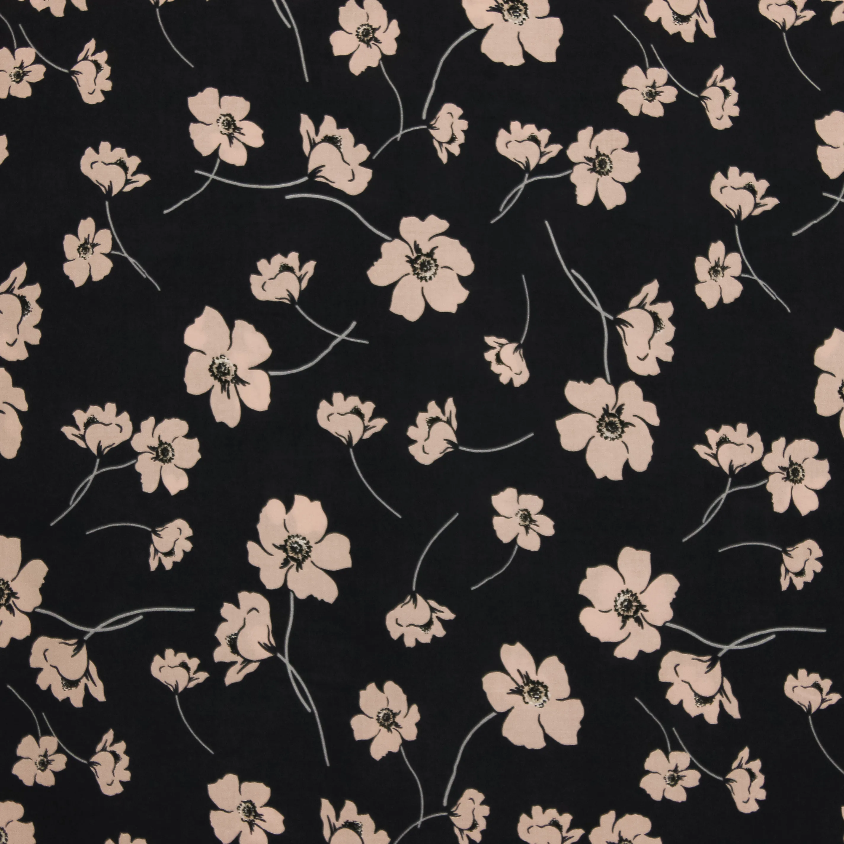 Zwarte viscose met zalmroze bloemen