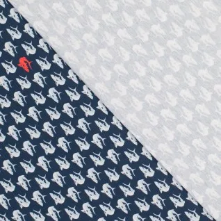 Blauwe tricot met licht blauwe en rode haaien