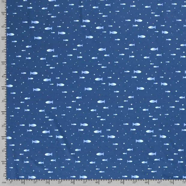 Blauwe tricot met vissen en spikkels
