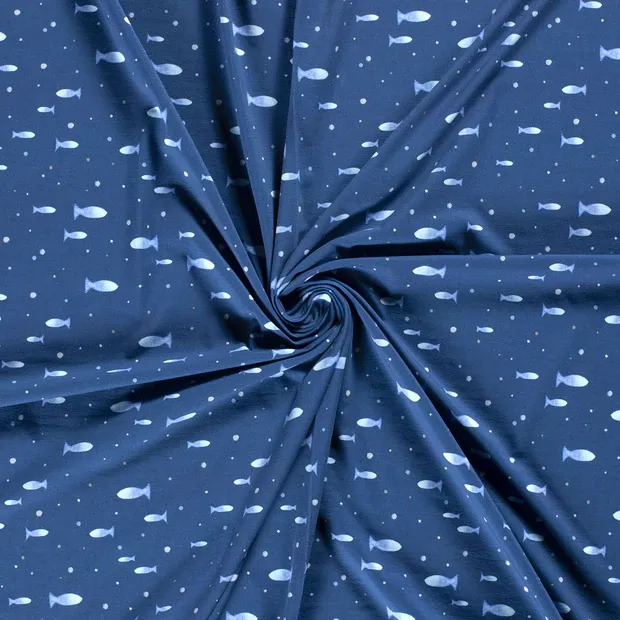 Tricot blauw met vissen en spikkels