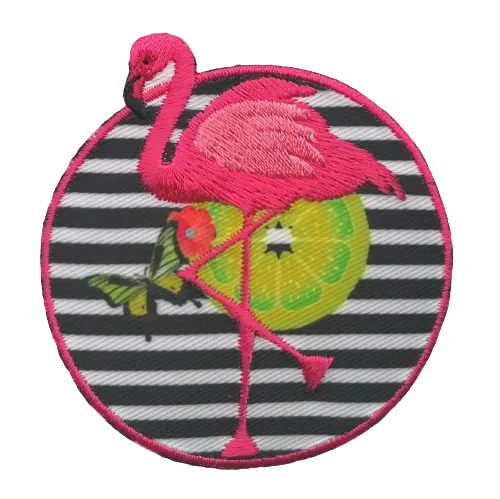 Applicatie - ronde patch met flamingo en gestreepte achtergrond - 6 cm