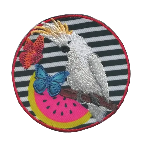 Applicatie - ronde patch met kaketoe (vogel) en gestreepte achtergrond - 6 cm