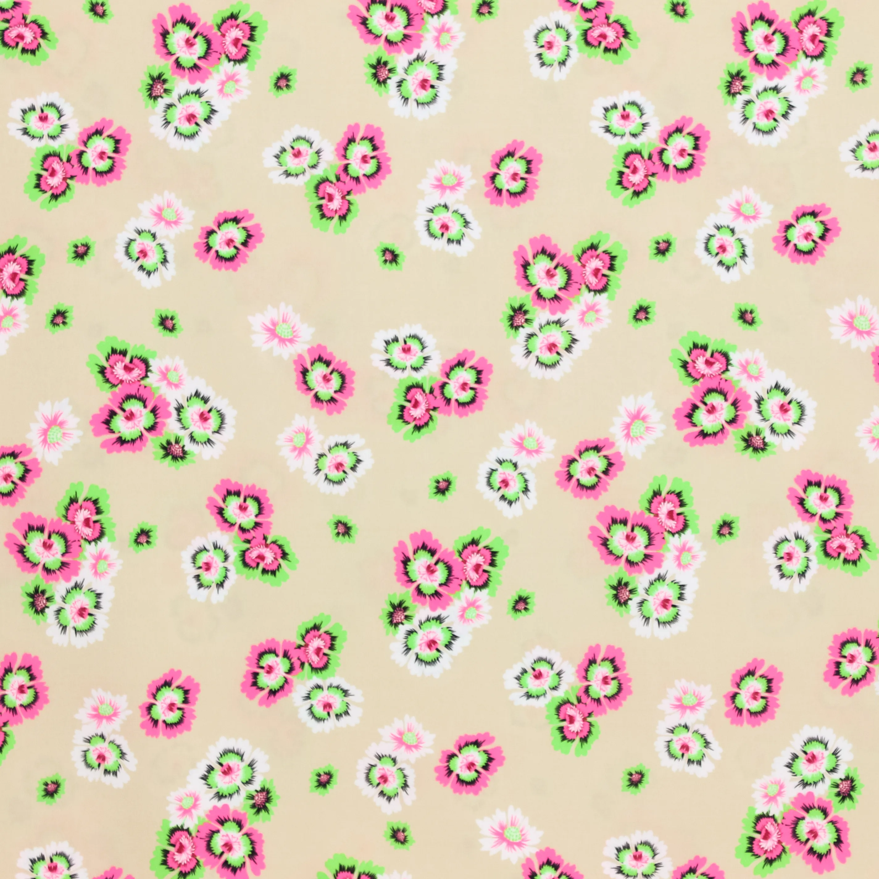 Lichtbruine polyester stretch met felgekleurde bloemen