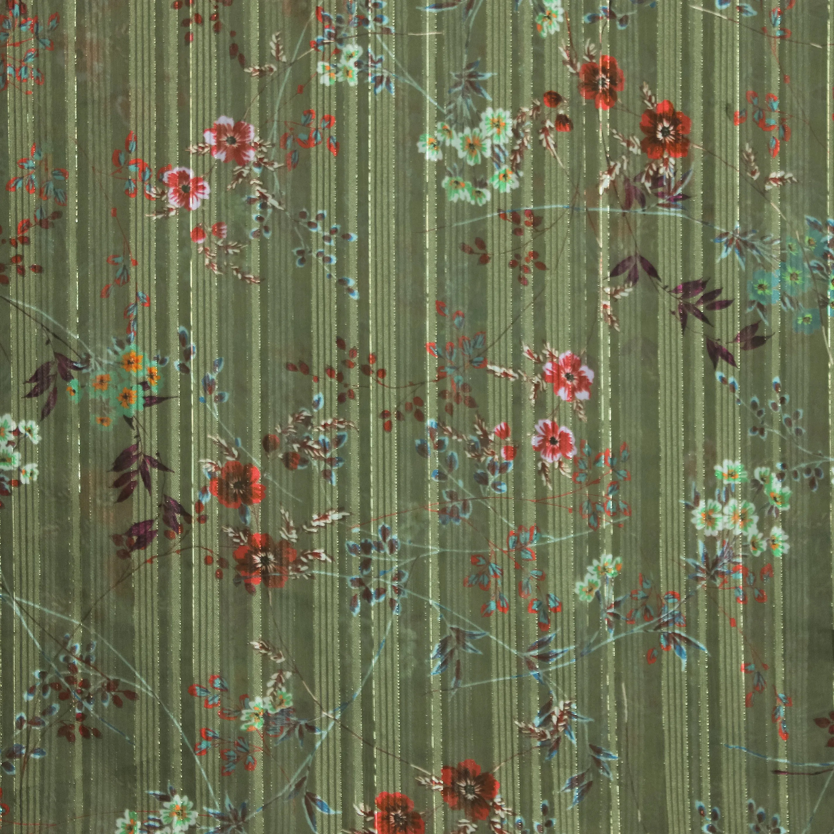 Lichte polyester groen met bloemen - glinsterend