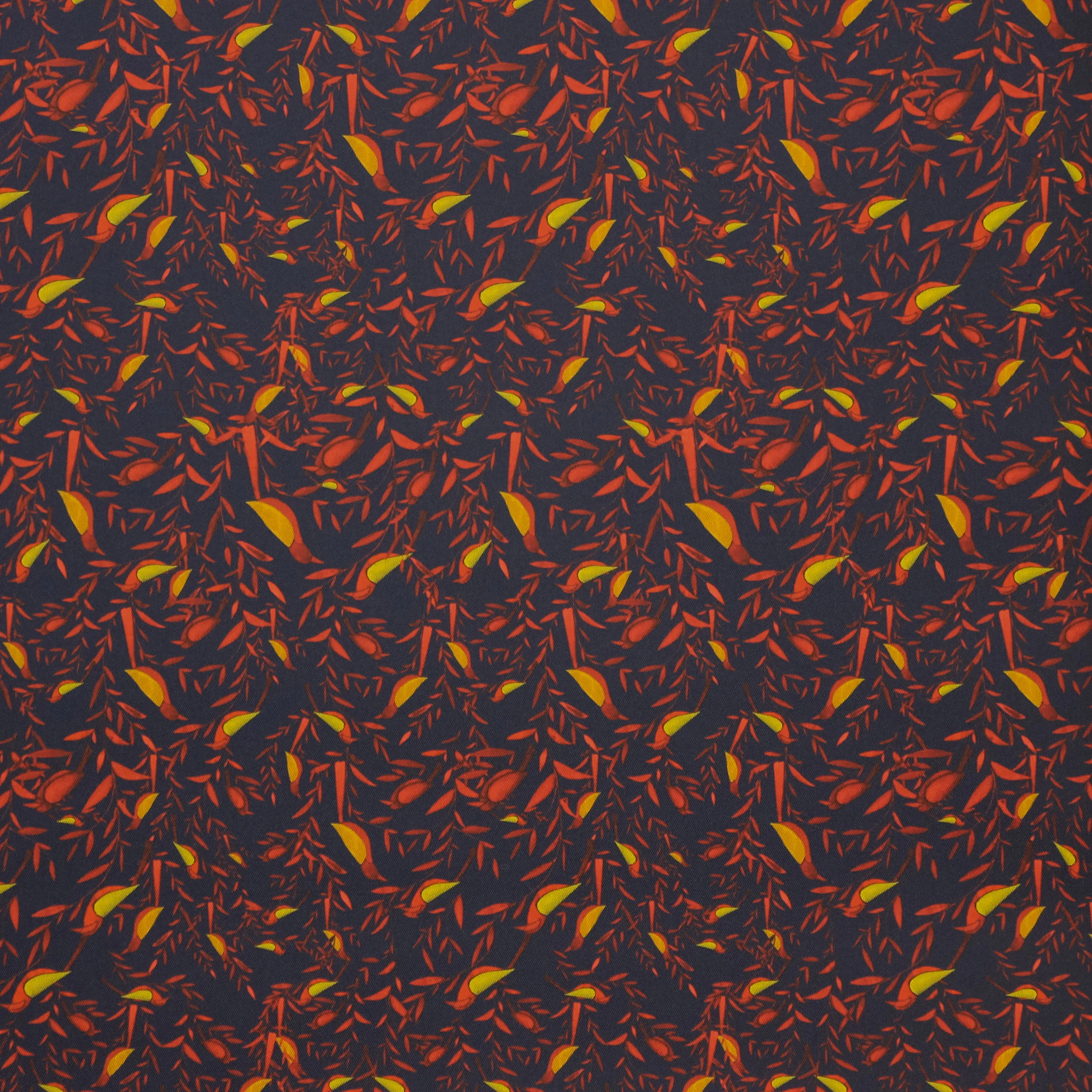 Polyester zwart met blaadjes en vogels