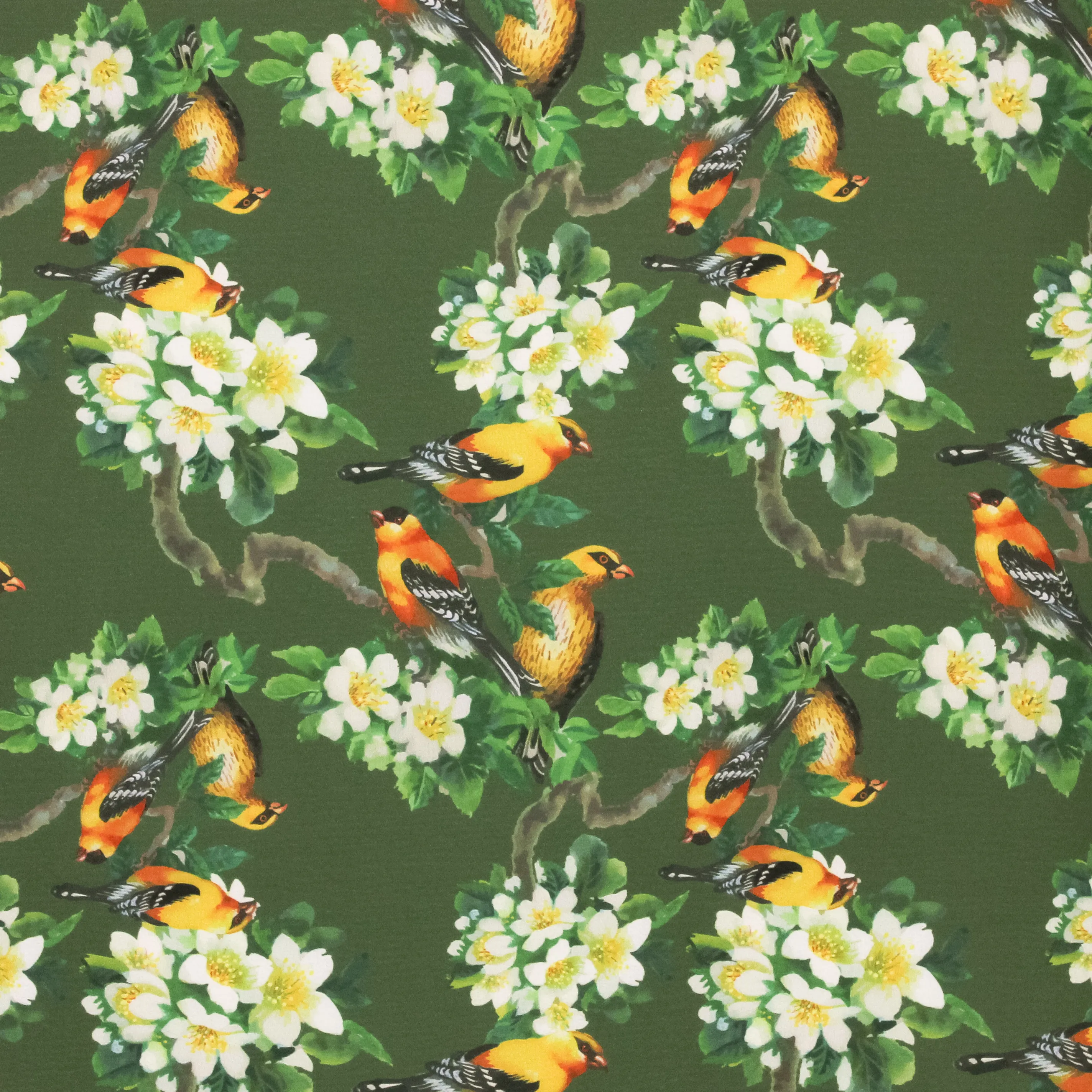 Zware polyester crêpe groen met witte bloemetjes en vogels