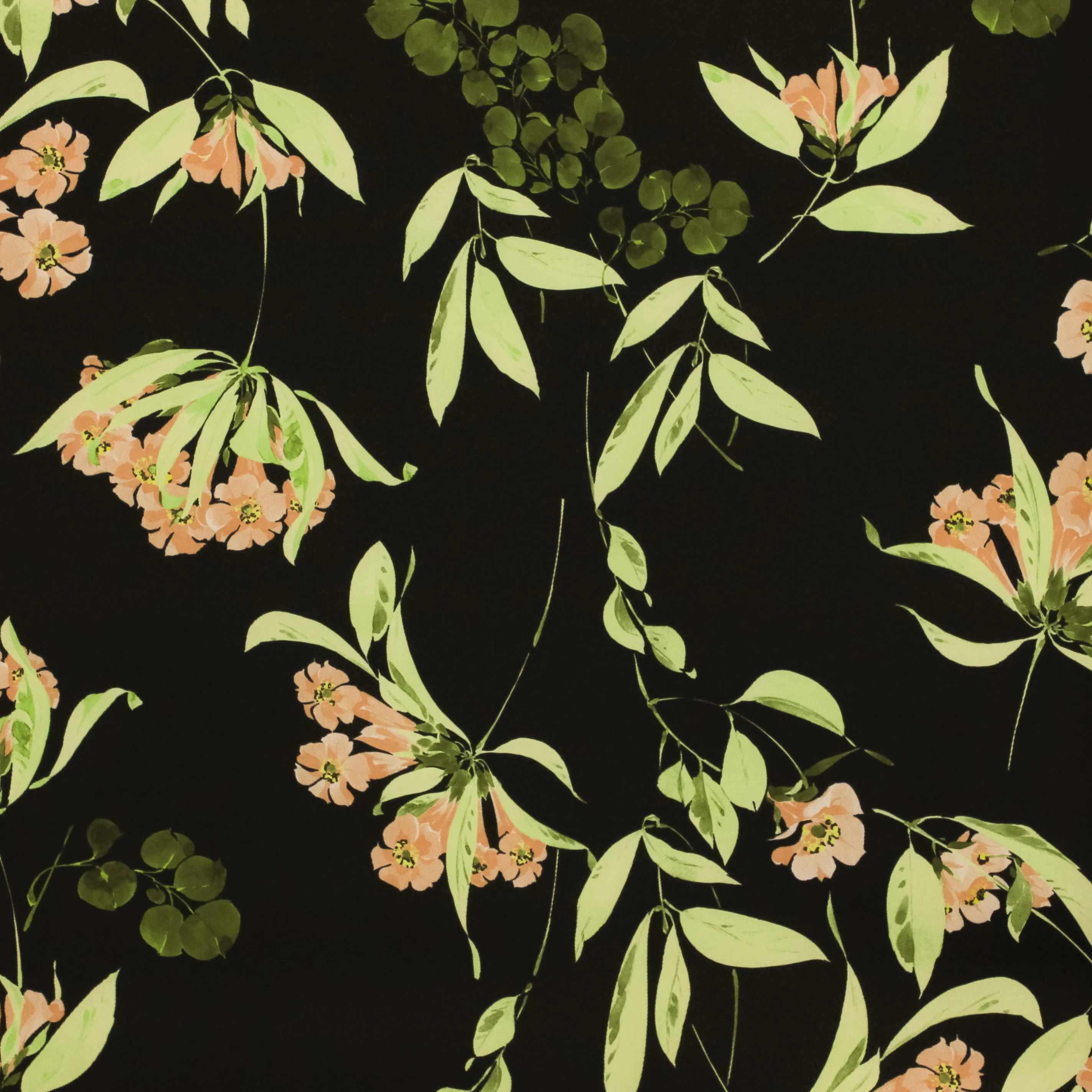 Zware polyester zwart met takjes en zalmroze bloemetjes