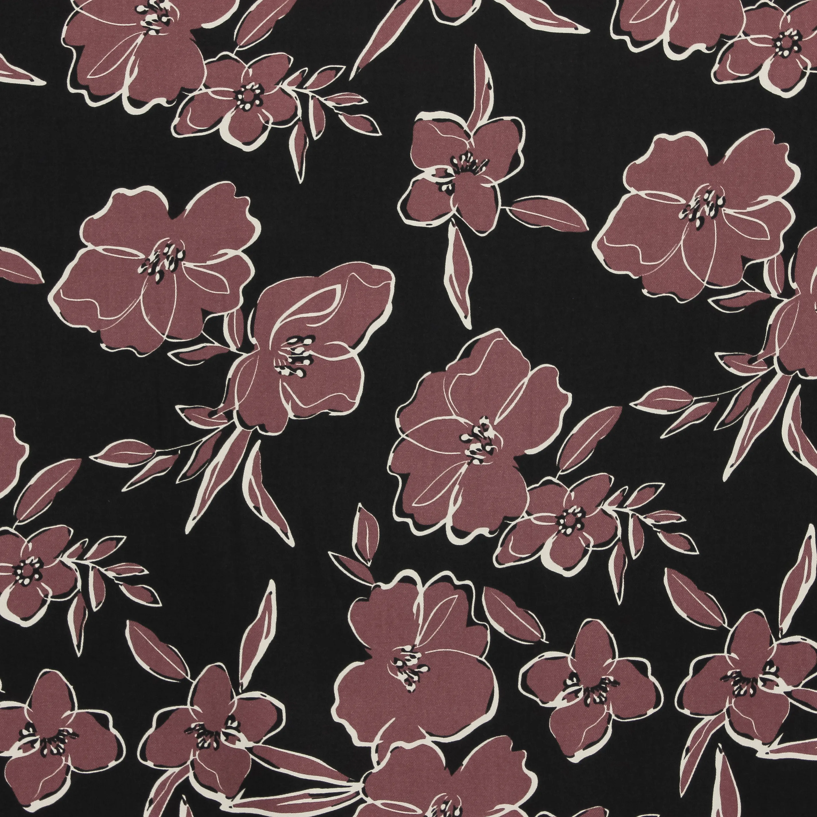 Viscose twill zwart met aubergine bloemen
