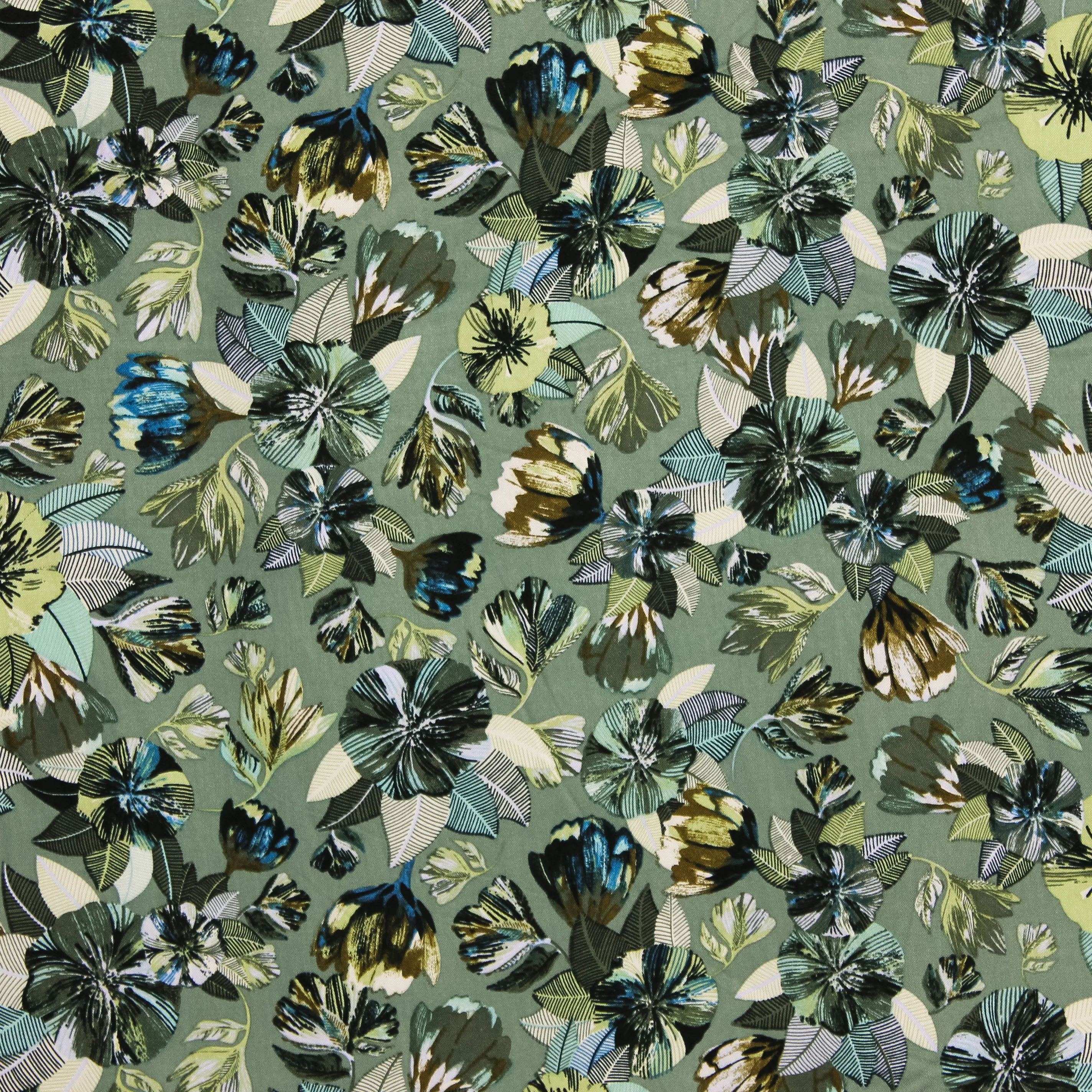 Viscose twill groen met bloemen