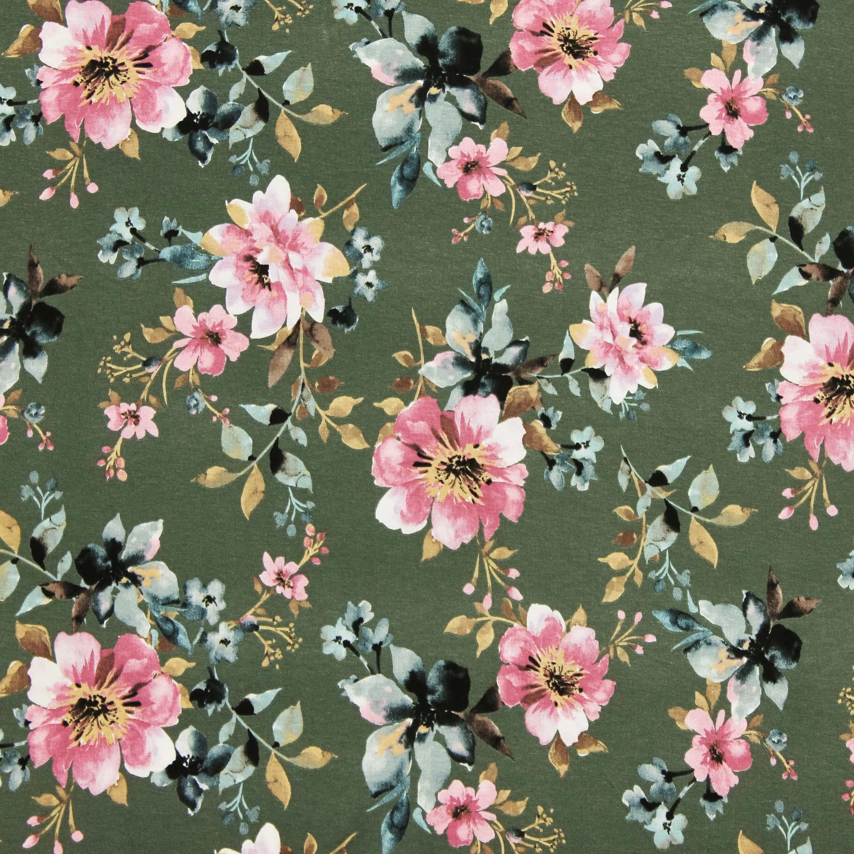 Viscose tricot donkergroen met bloemen