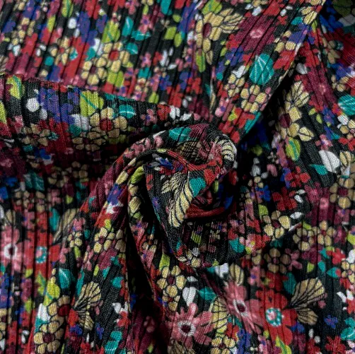 Geribde rekbare viscose met multicolor bloemetjes - La Maison Victor