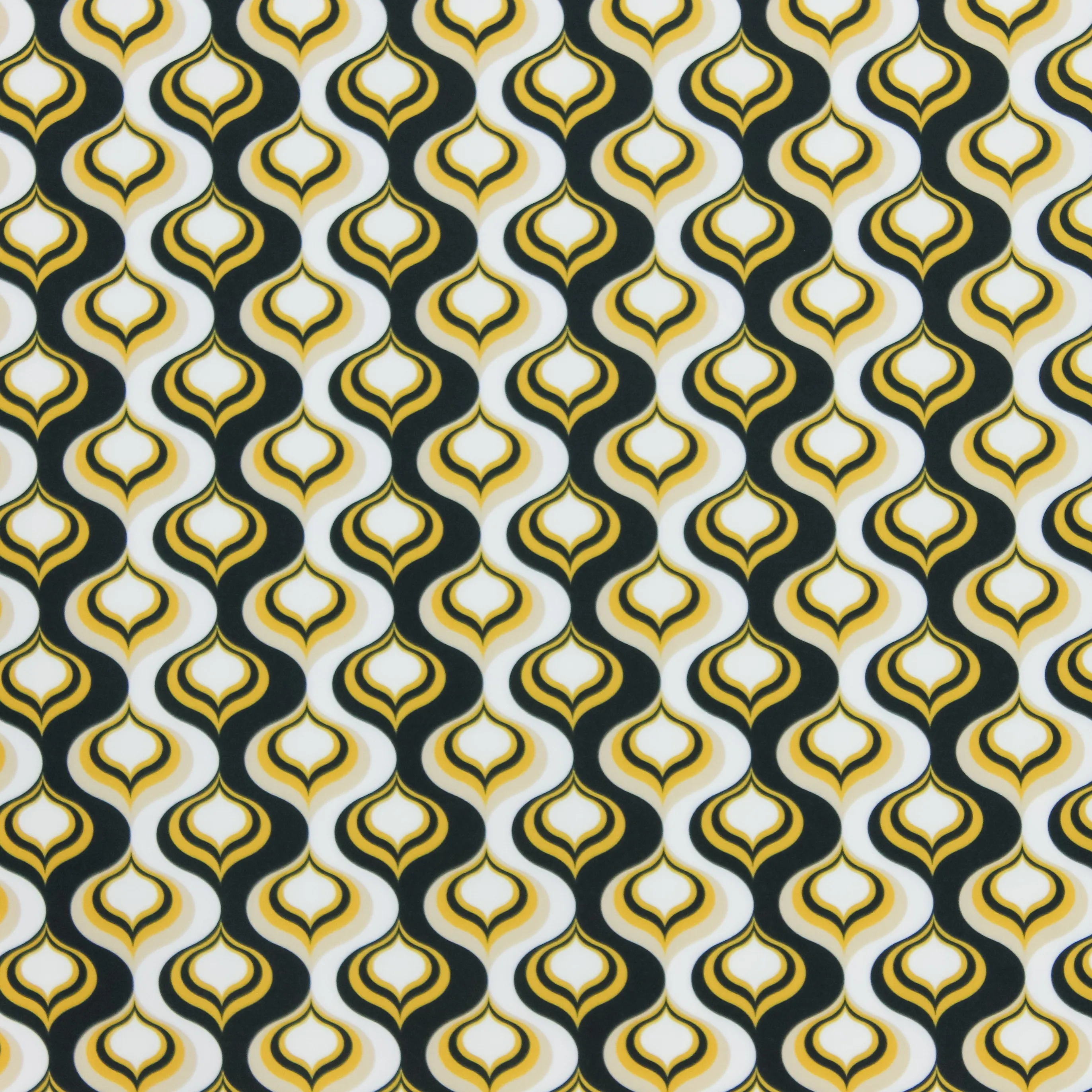 Polyester stretch met zwart / geel golvend retro patroon