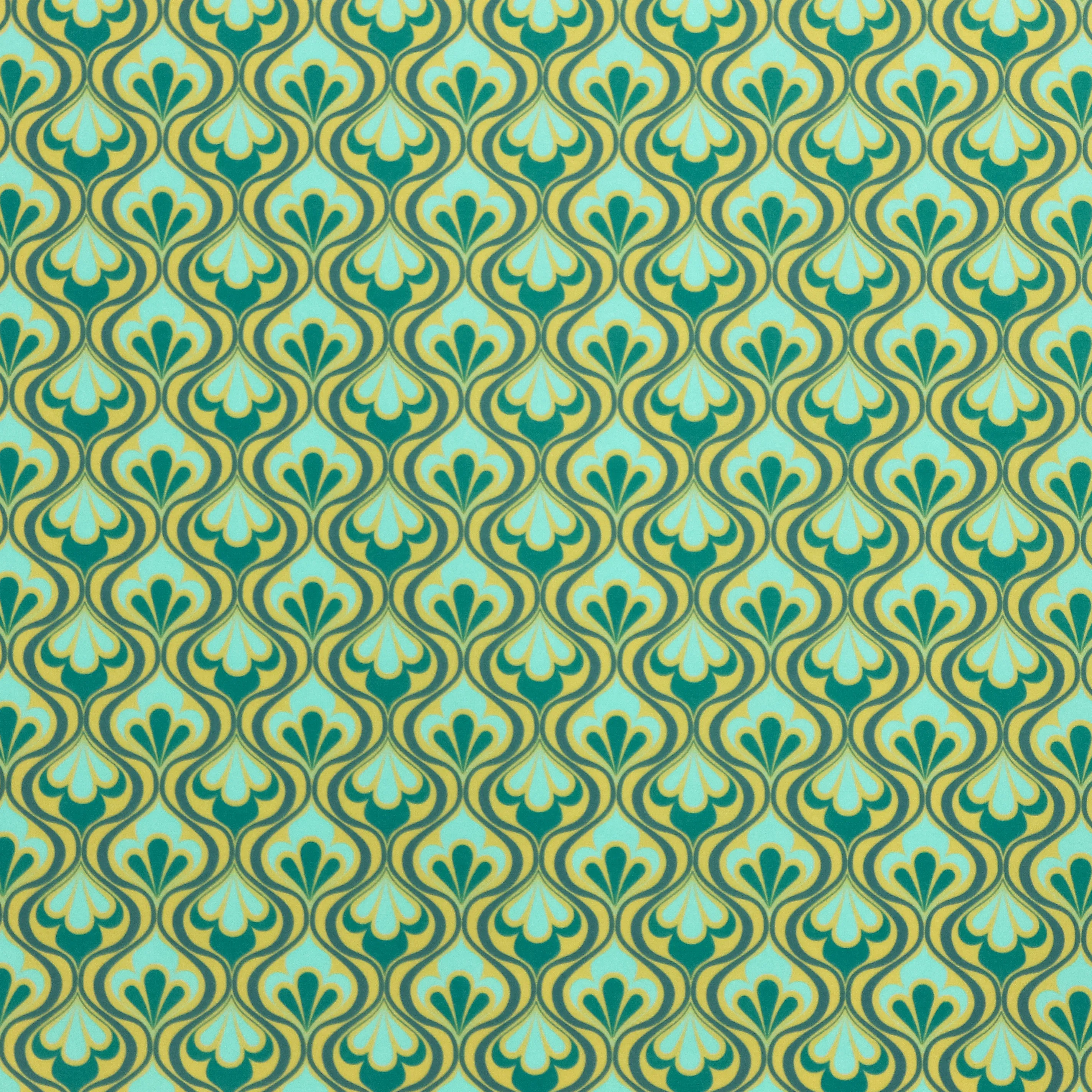 Polyester stretch met groen / blauw golvend retro patroon