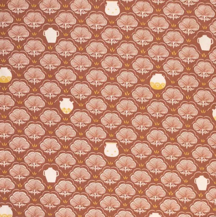 Sweaterstof bruin met bloemen en potten - Katia Fabrics