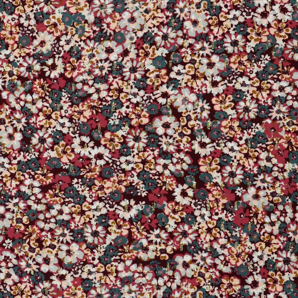 Viscose lurex bordeaux met bloemen en gouden streepjes - Poppy