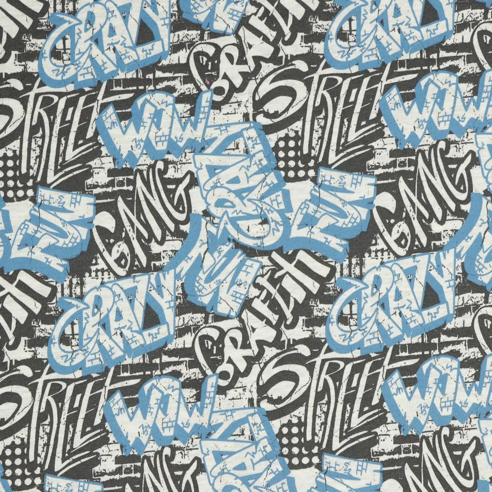 Sweaterstof blauw met grafitti - Poppy