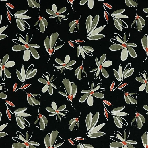 Linnen viscose zwart met kaki bloemen - Poppy