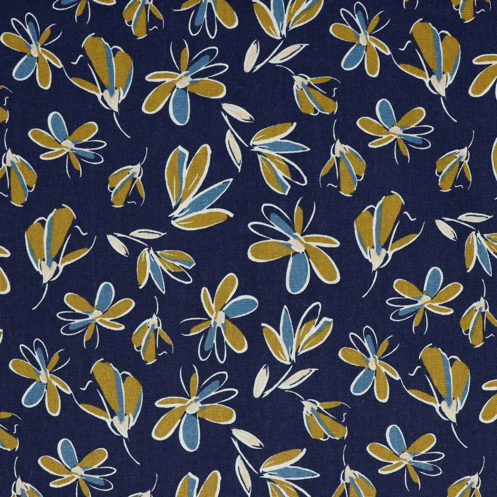 Linnen viscose blauw met oker bloemen - Poppy