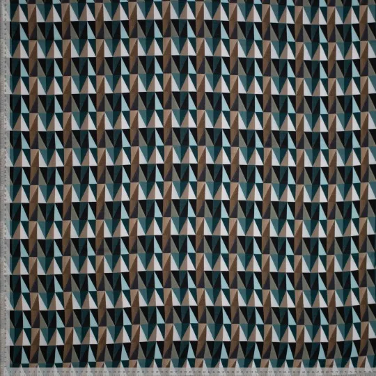 Viscose met petrol en bruin geometrisch retro patroon