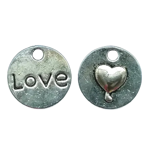 Dubbelzijdig metalen bedeltje - hartje en tekst 'love' - 15 mm rond