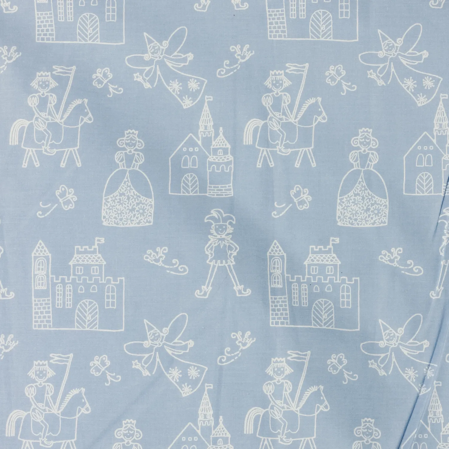 Lakenstof katoen babyblauw met witte figuren