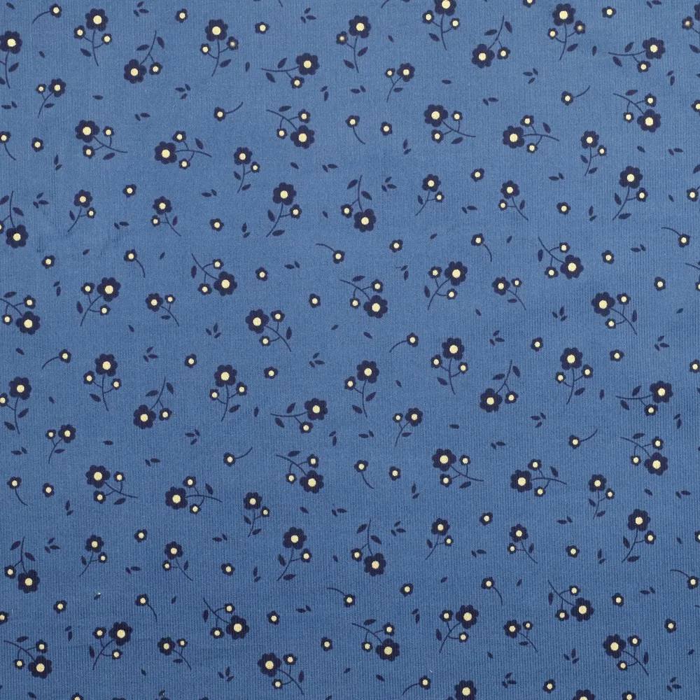 Ribfluweel blauw met bloemen en gouden foil - Poppy