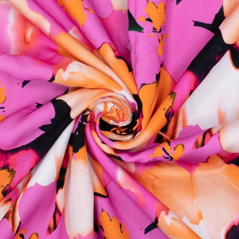 Viscose crêpe roos/oranje met bloemen