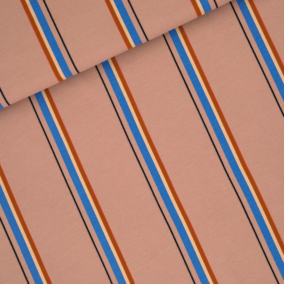 French Terry pastel oranje met gekleurde strepen 'lines' - See you at six