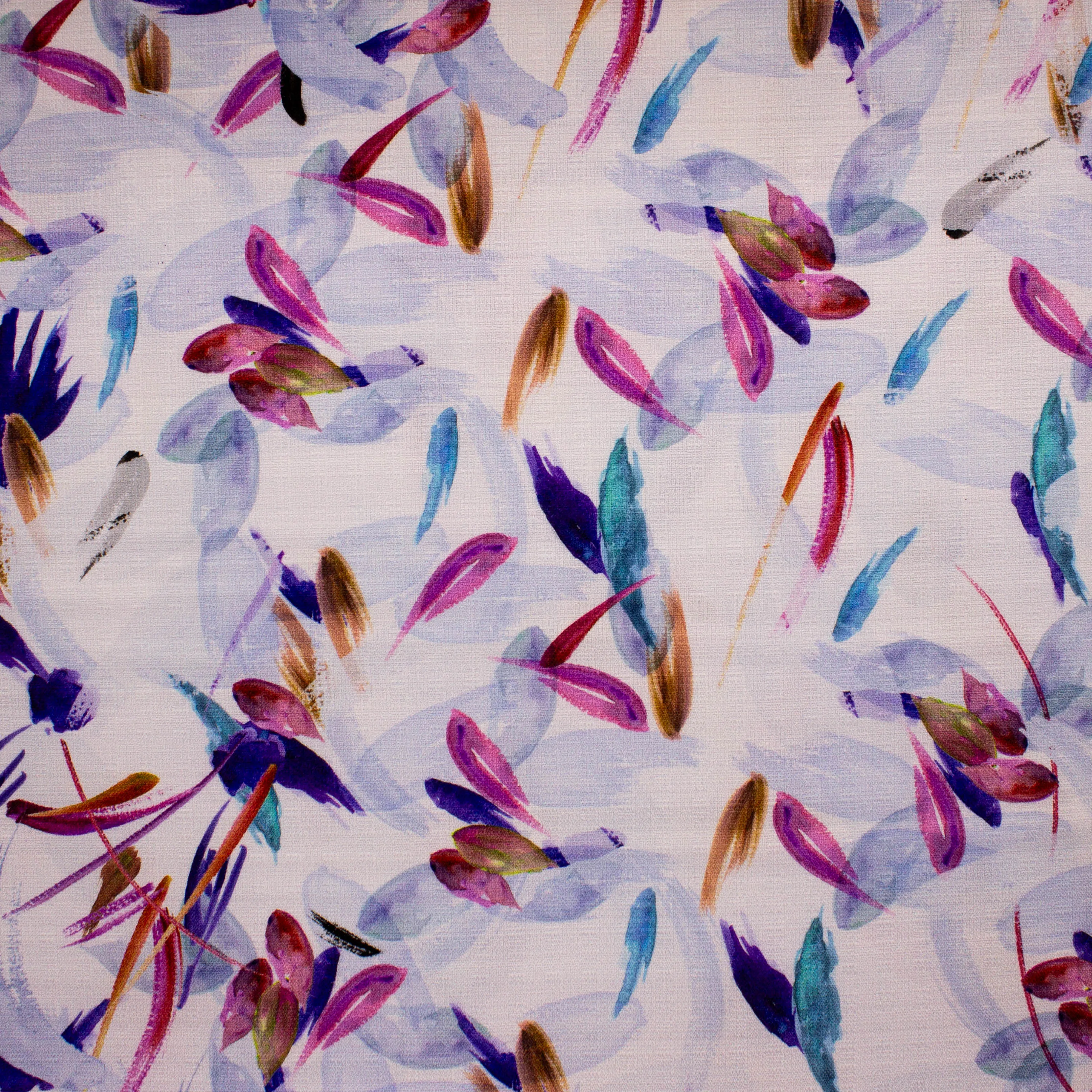 Polyester wit met abstract motief en imitatie linnenweving